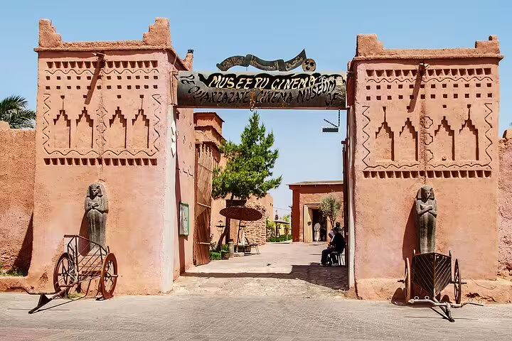 Ouarzazate cinema museum entrance stop on the 3 days desert tour from Fes to Marrakech via Atlas Mountains