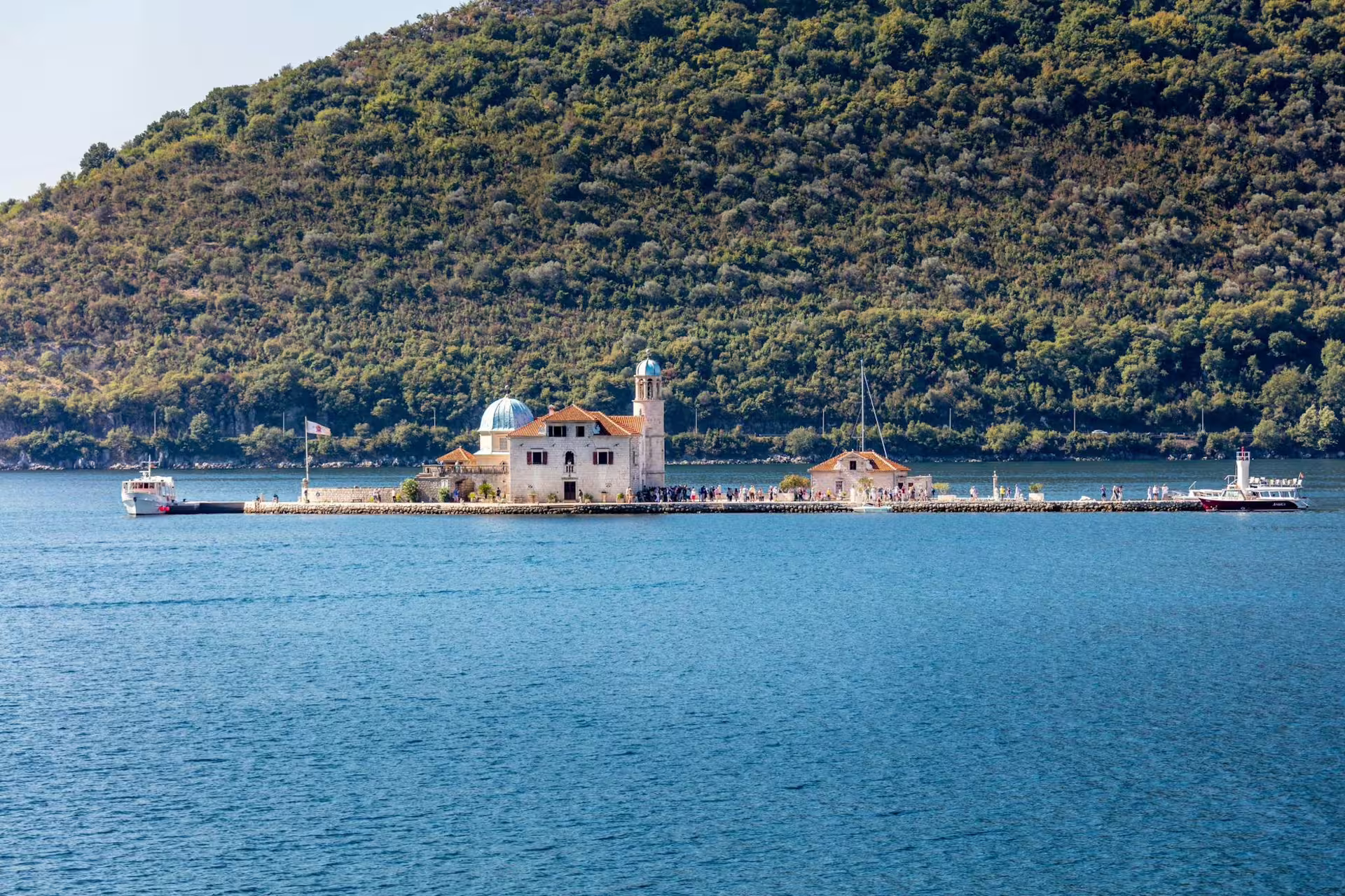 Our Lady of the Rocks island church in Bay of Kotor on a day cruise from Dubrovnik, Montenegro