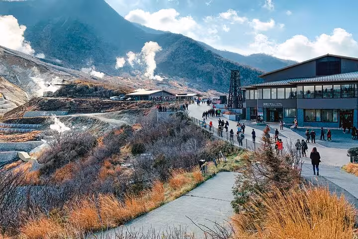 Owakudani Valley with steaming vents and visitors enjoying a guided tour from Tokyo to Hakone.