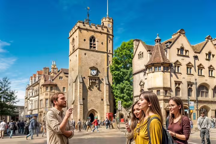 Tourists enjoying a guided sightseeing tour in Oxford, featuring iconic historical architecture, during a day trip from London.