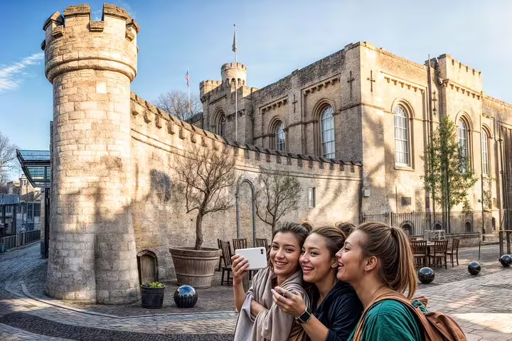 Three friends enjoy a selfie in front of historic Oxford architecture during a private day trip from London, featuring sightseeing and lunch.
