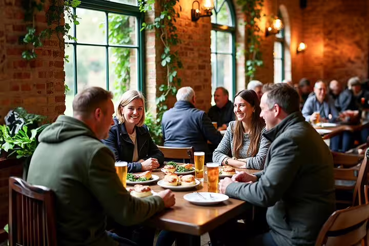 Group enjoying lunch in a cozy Oxford restaurant on a private day trip from London, surrounded by lush greenery and rustic decor.