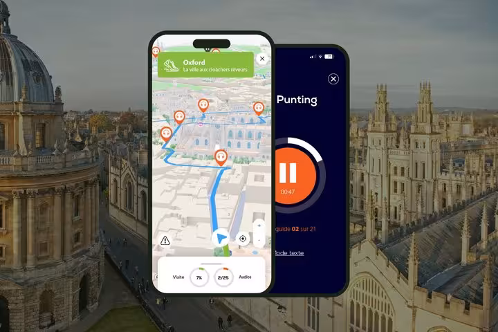 Two smartphones showing Oxford self-guided walking tour app with GPS map and audio guide for punting