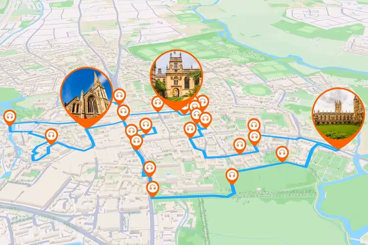 Oxford self-guided walking tour map with GPS audio guide pins marking historic landmarks and route