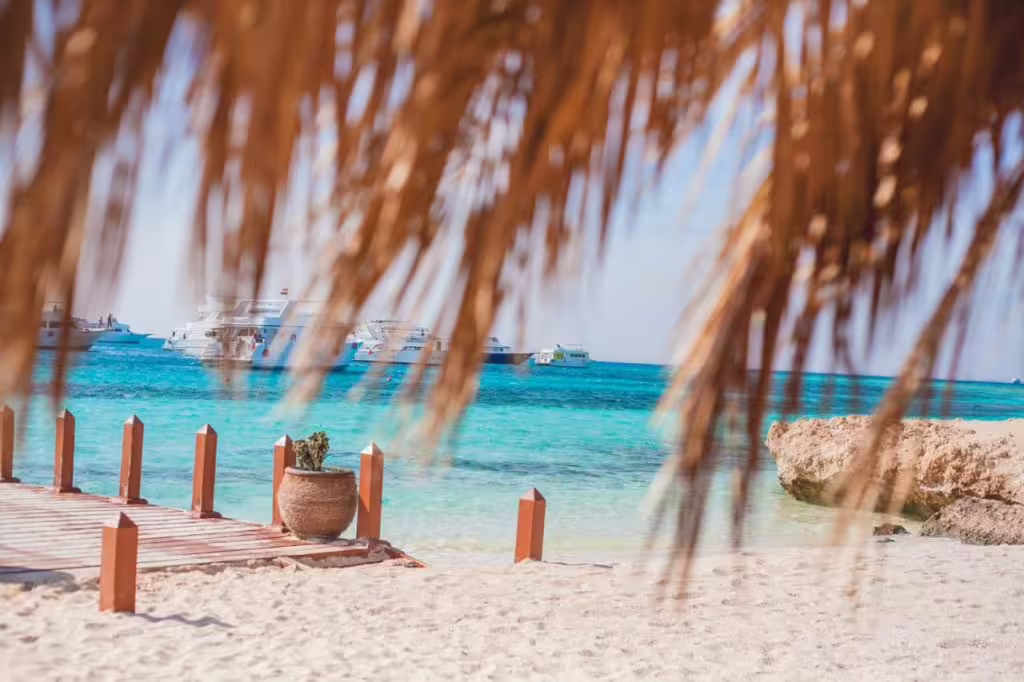 Palm-framed paradise island beach with crystal-clear water and boats offshore, ideal Day on the Paradise Island trip