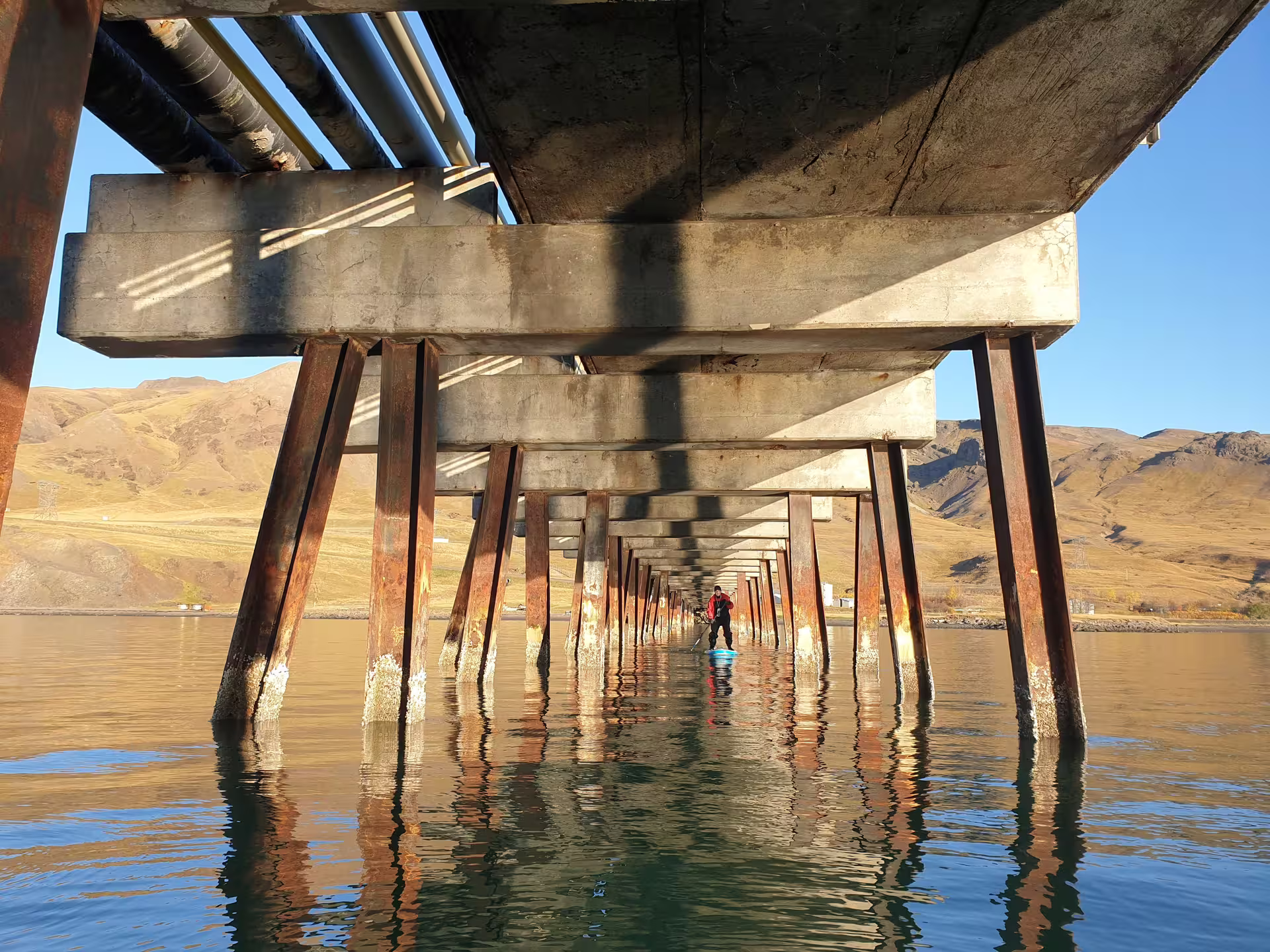 Paddle boarder navigating under a rustic pier in the serene, untouched fjords, showcasing adventure and tranquility in nature.
