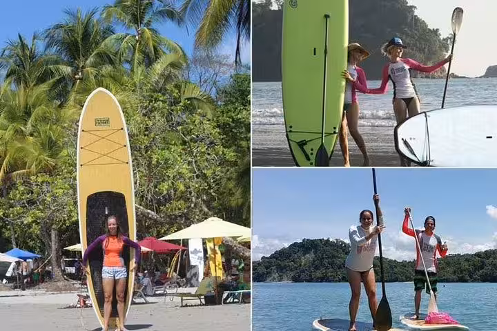 Enjoy paddleboarding on the stunning beaches of Manuel Antonio, Costa Rica, with lush palm trees and clear waters.