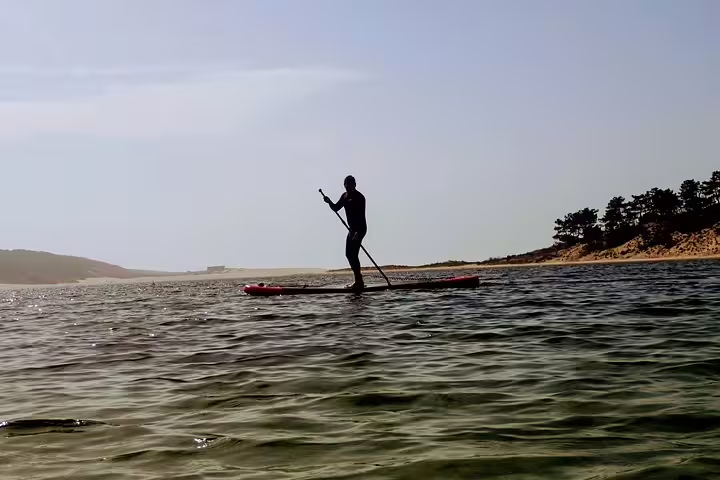 Paddleboarder enjoying a scenic stand-up paddle adventure on Lisbon's tranquil waters with a stunning coastal backdrop.