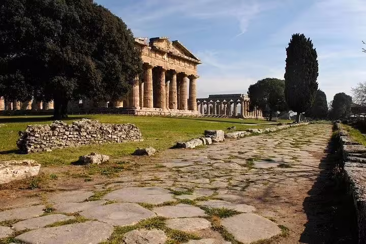 Stone pathway leading to majestic Doric temples and green lawns at Paestum archaeological park on a private ruins tour