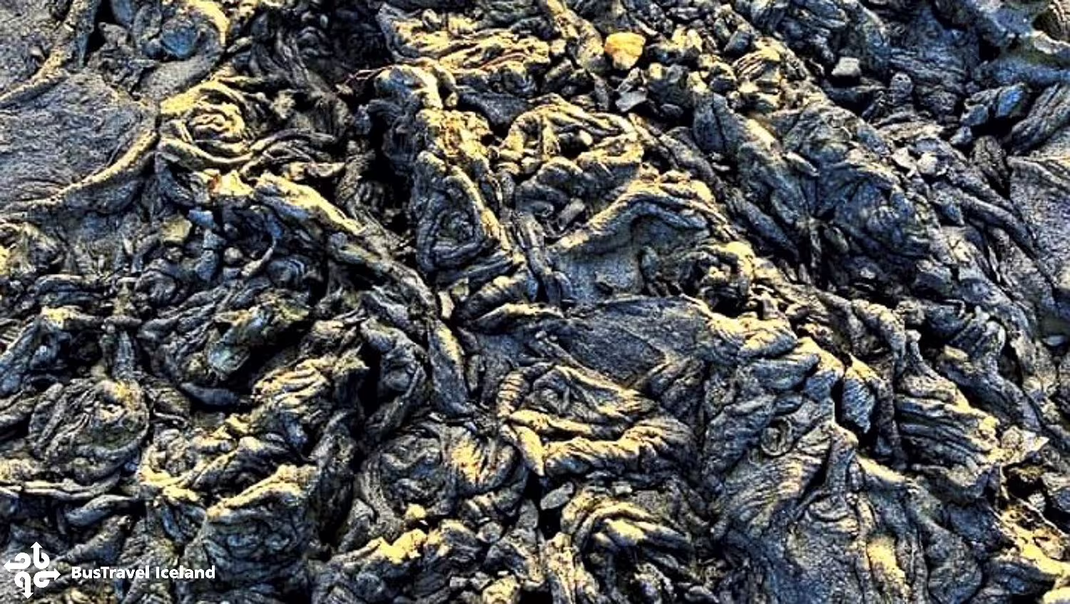 Close-up of dark hardened pahoehoe lava rock formations with twisted rope-like textures in Iceland