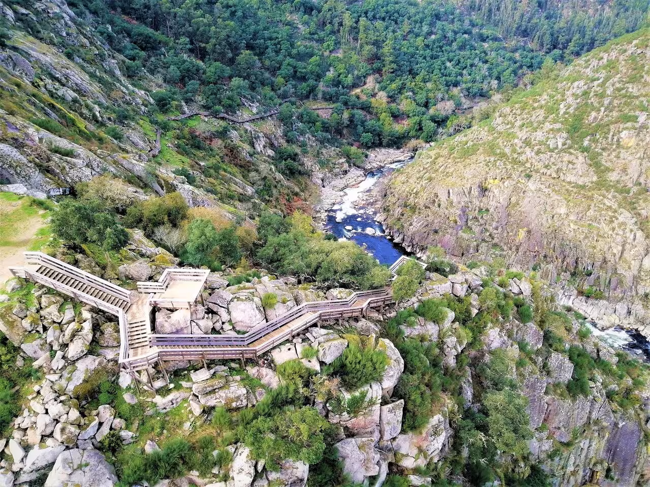 Aerial view of Paiva Walkways in Arouca Geopark, scenic wooden trail above the Paiva River gorge