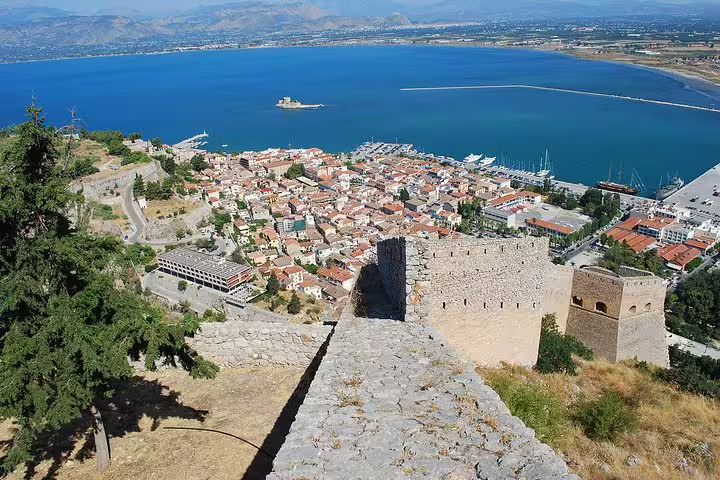 View from Palamidi Castle over Nafplio harbor and rooftops, scenic stop on Ancient Corinth and Epidaurus tour