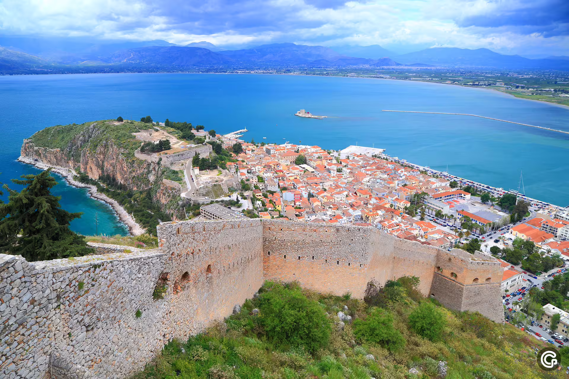 Palamidi Fortress viewpoint over Nafplio old town and Argolic Gulf on a private day tour from Athens