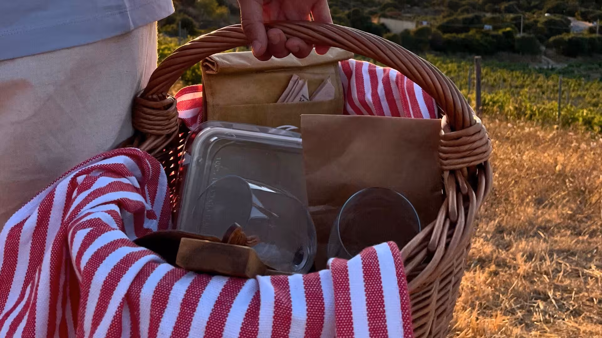 Close-up of picnic basket with striped cloth, set against the backdrop of a Gallura estate vineyard in Palau.
