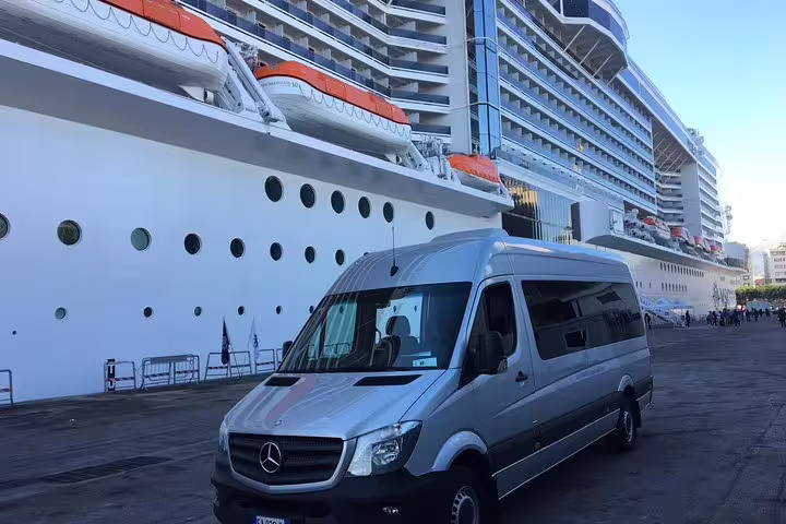 Modern Mercedes minivan providing private transfer service from Palermo Airport to Capo d'Orlando cruise port in Sicily