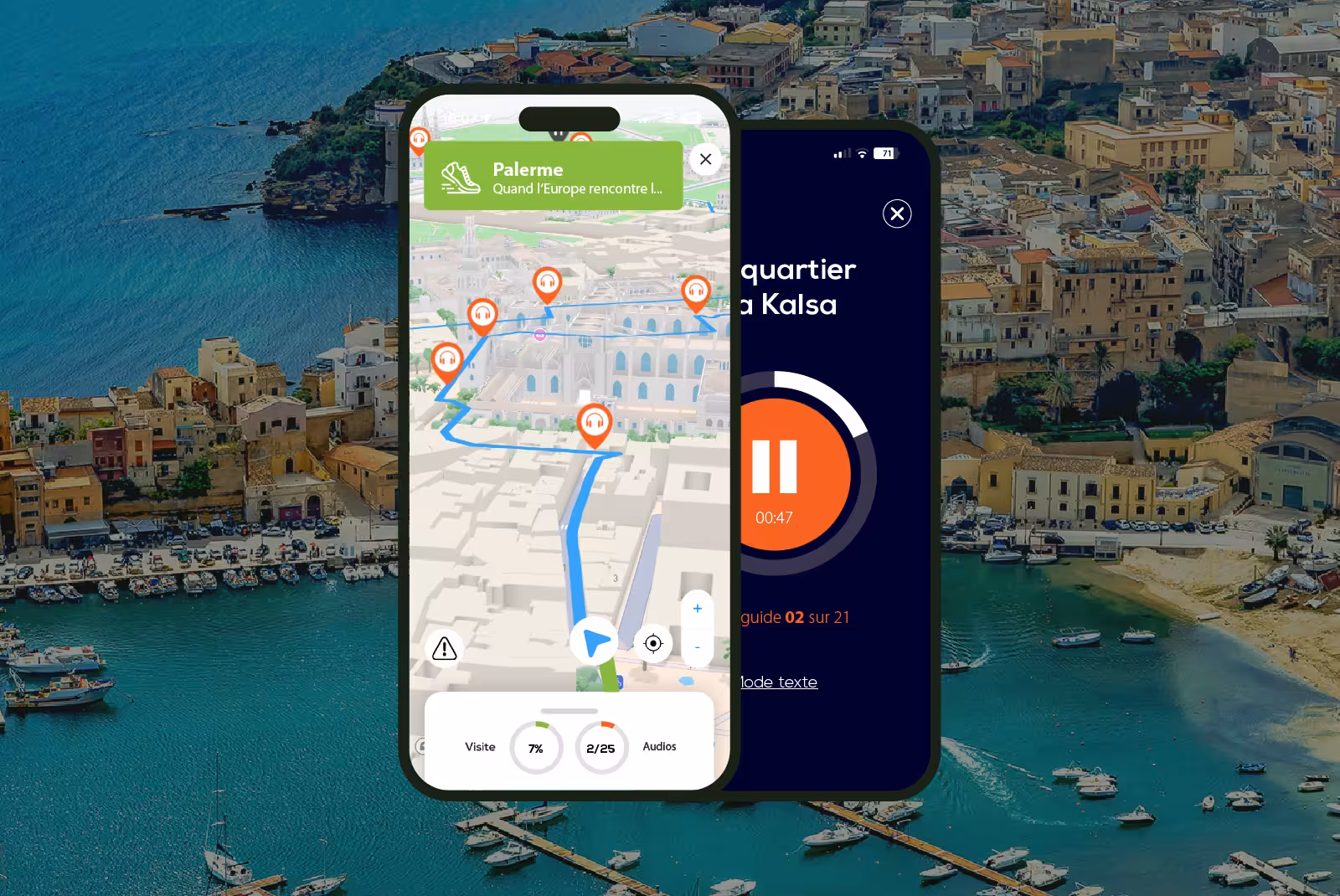 Palermo audio walking tour app showing 3D map with audio guide markers and playback screen for La Kalsa quarter