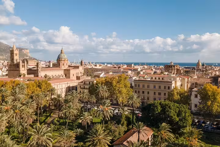 Palermo skyline with cathedral domes and palm gardens, scenic stop on private Monreale and Mondello day trip