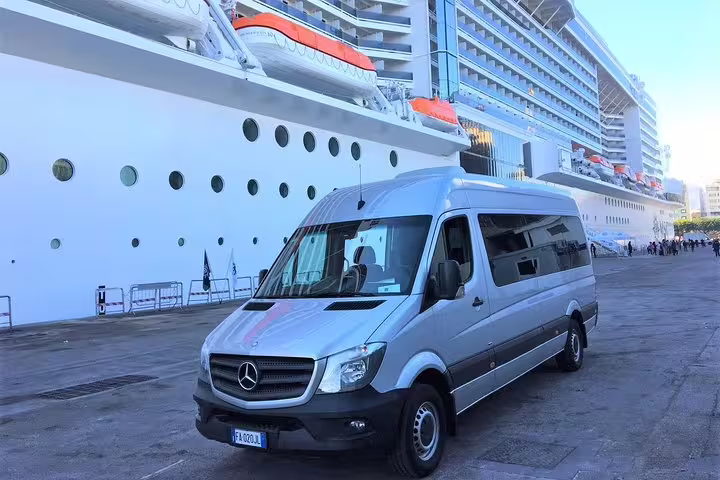 Comfortable Mercedes minivan waiting at Palermo cruise port for a four-hour private shore excursion and city sightseeing tour