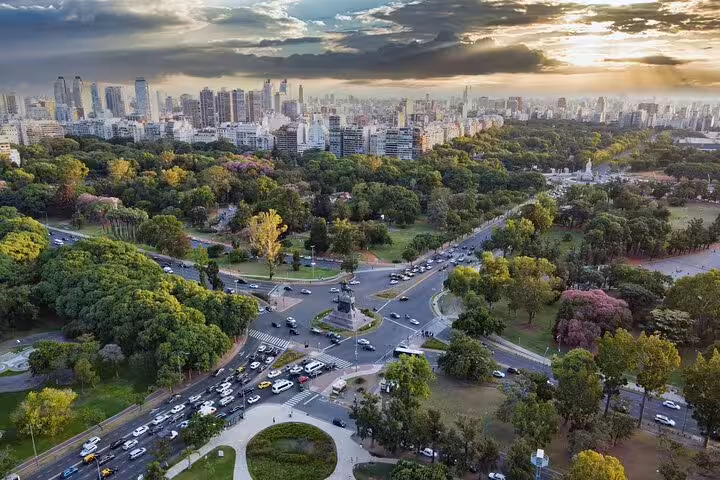 Aerial view of Palermo Parks and Buenos Aires skyline at sunset, highlight of a private half-day city tour