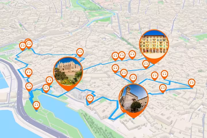 Interactive map of Palma de Mallorca walking tour route with audio guide pins and landmark photos
