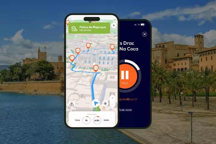 Palma de Mallorca self-guided walking tour app showing GPS map and audio guide on smartphone screens