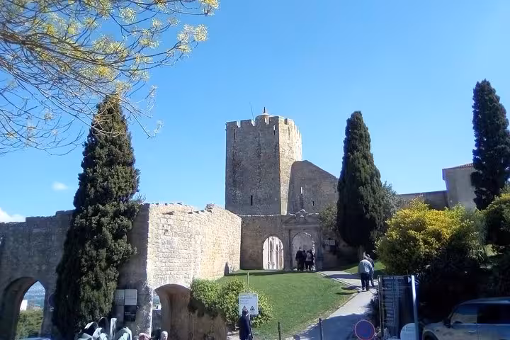 Scenic view of Palmela Castle with its historic stone walls and lush greenery under a clear blue sky.