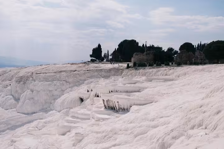 Wide view of Pamukkale white travertine terraces on a private tour from Denizli Airport, Turkey