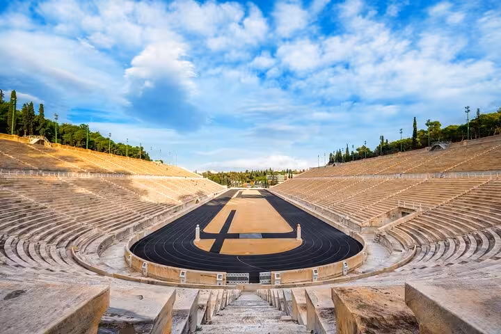 Panathenaic Stadium seating and track viewed on Athens panoramic tour and Plaka visit with port pickup