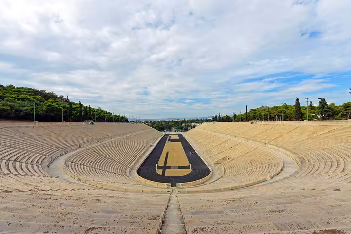 Panoramic view of the ancient Panathenaic Stadium in Athens, a highlight of the full-day private shore excursion.