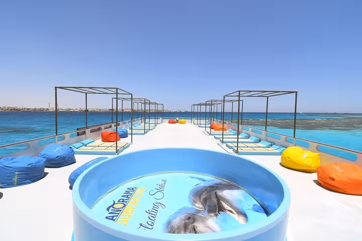 Sun deck on Panorama semi-submarine in Hurghada, Red Sea, before snorkeling and reef viewing tour