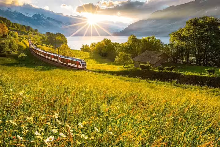 Picturesque train ride in Switzerland's heartland showcasing vibrant meadows and breathtaking alpine scenery.