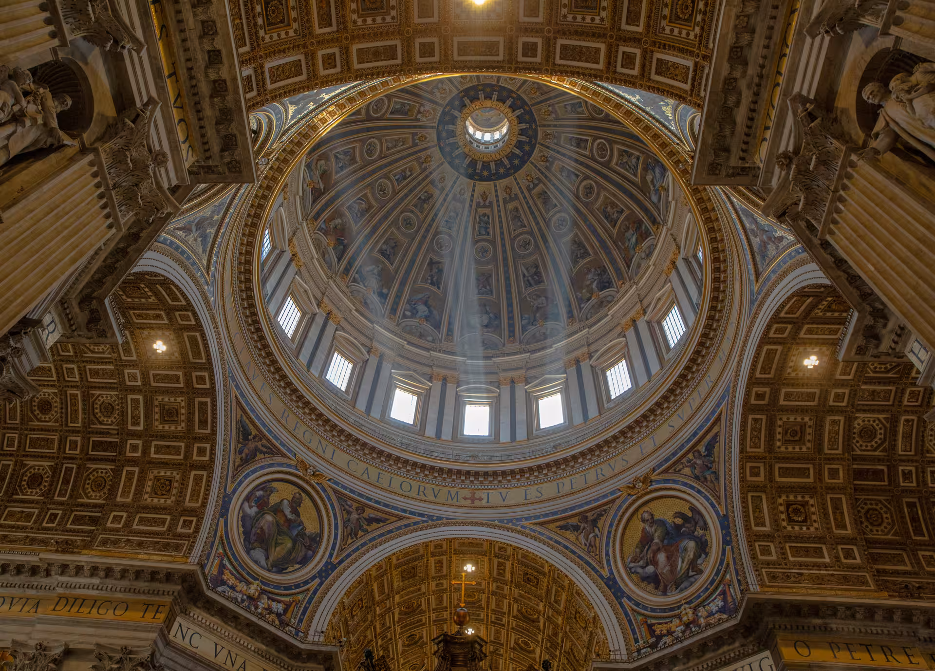 Majestic interior dome of a Papal Basilica showcasing intricate art and architectural grandeur with divine light.