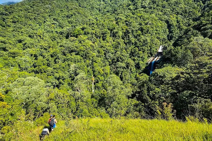 Expansive view of Melancia Waterfall nestled in a lush green forest, with hikers trekking through the Paraty landscape.