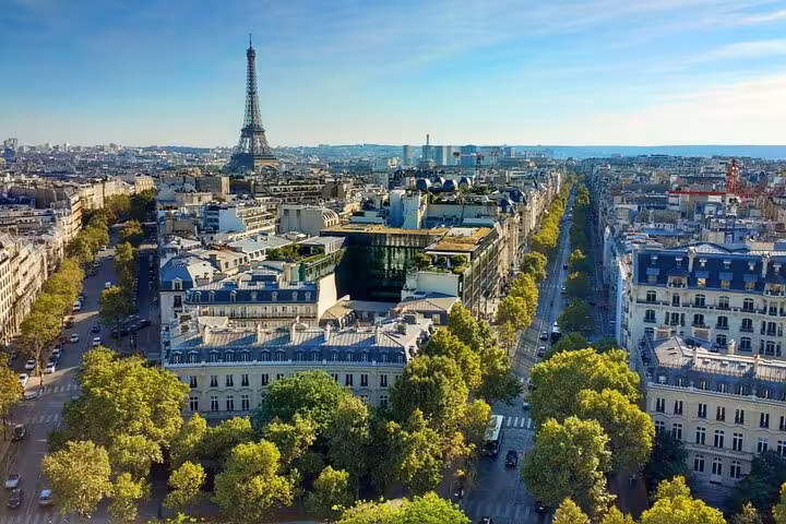 Aerial view of Paris with Eiffel Tower and tree-lined boulevards on a sunny day