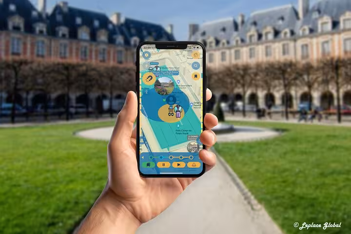 Explorer using Paris fashion history smartphone app at historic Place des Vosges during self-guided walking tour