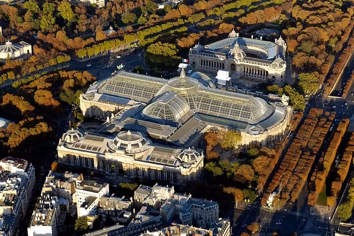 Aerial view of Grand Palais and Petit Palais in Paris near CDG airport transfer route