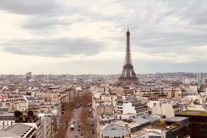 Aerial view of Paris city skyline with Eiffel Tower rising above Haussmann buildings under cloudy sky
