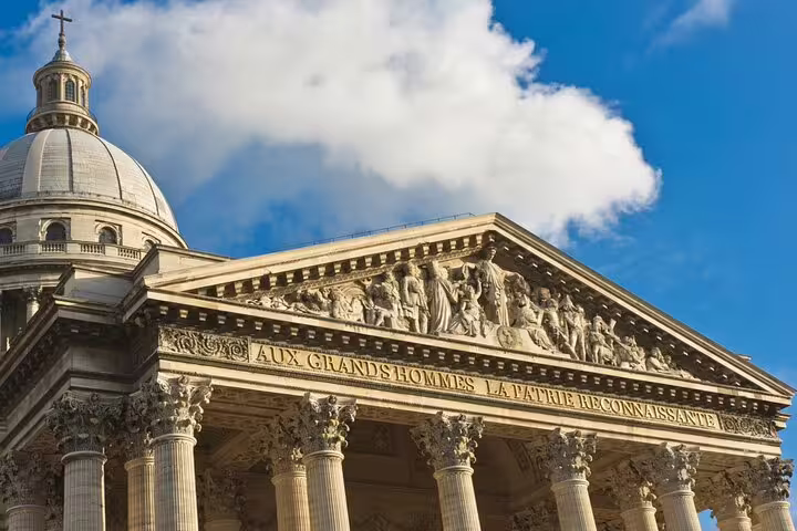 The Panthéon facade with inscription 'Aux Grands Hommes La Patrie Reconnaissante' in Paris Latin Quarter