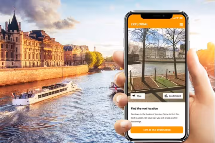 Smartphone app guiding a Paris Marais District scavenger hunt and self-guided tour along the Seine River