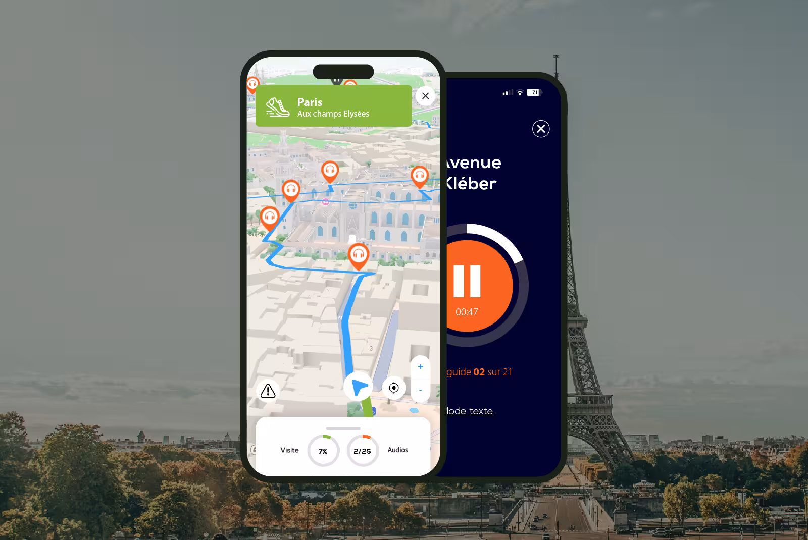 Paris self-guided walking tour app showing GPS map with Champs-Élysées route and audio guide near Eiffel Tower
