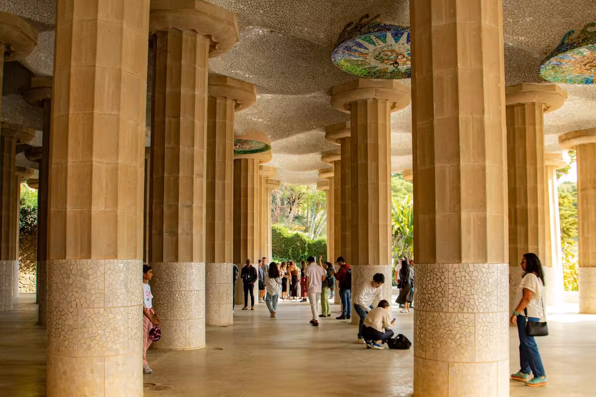 Park Güell Hypostyle Room columns and mosaic ceiling on guided UNESCO tour with skip-the-line tickets