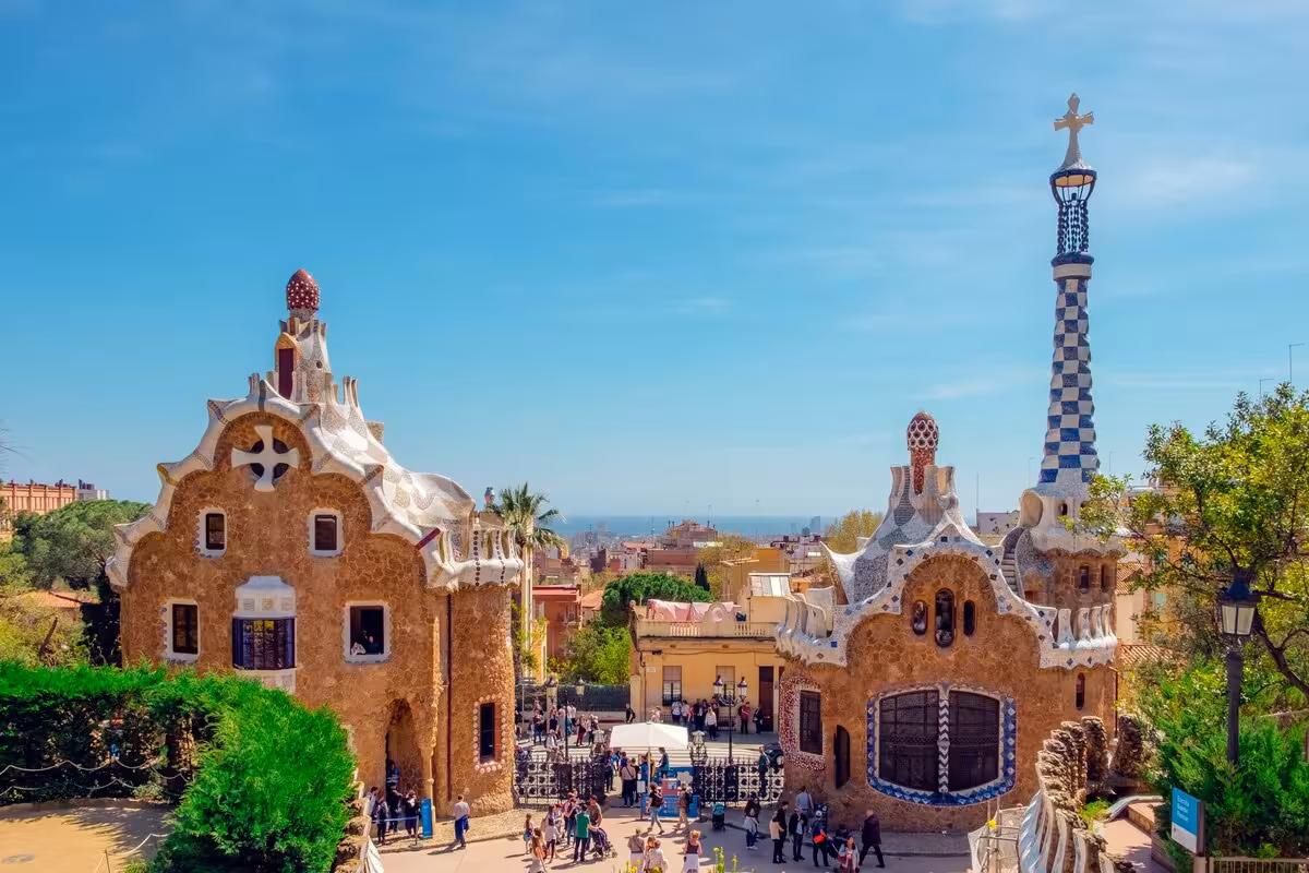 Park Güell main entrance and Gaudí gatehouses, Barcelona, on UNESCO tour with skip-the-line Sagrada Família entry