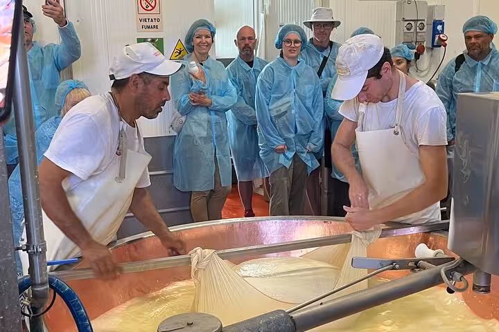 Visitors watch cheese makers craft Parmesan in a traditional Italian dairy.