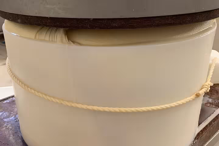 Close-up of Parmesan cheese wheel in the pressing process during Bologna food tour.