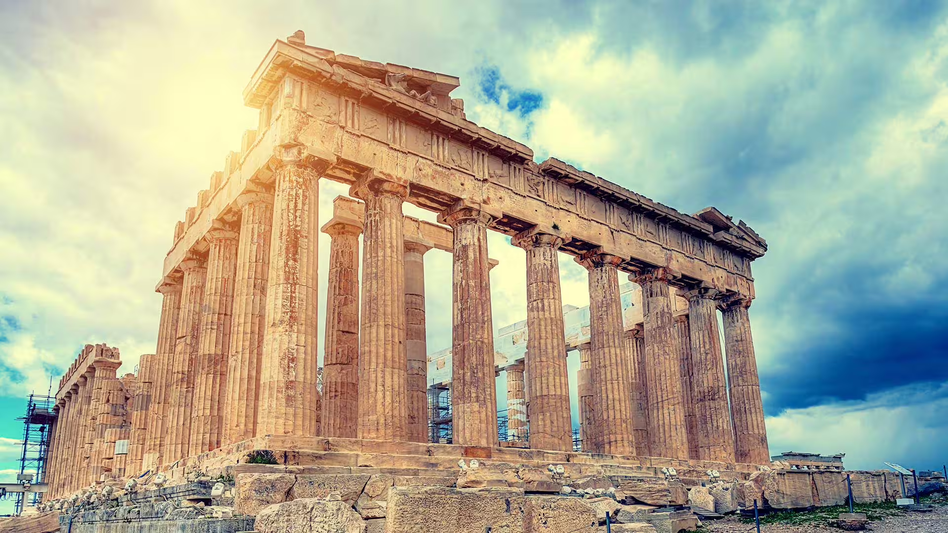 Parthenon columns on the Acropolis in Athens under dramatic sky, centerpiece of a classical full-day private tour