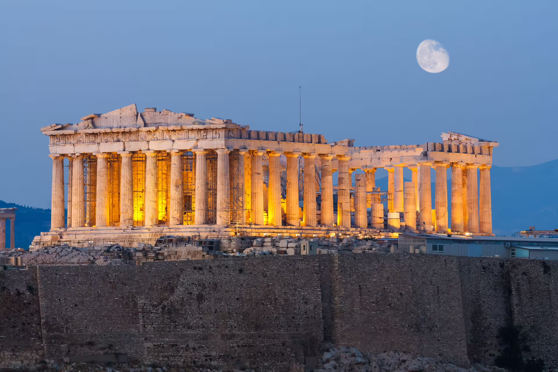 Illuminated Parthenon on the Acropolis at dusk with moon, Athens sightseeing on Best of Athens full-day tour