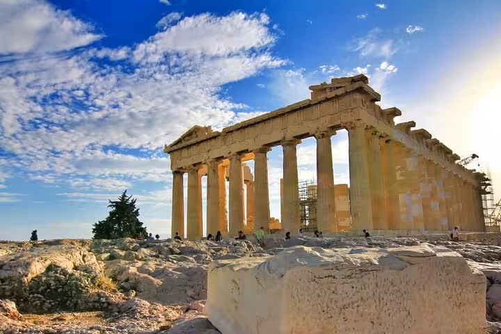 Parthenon on the Acropolis in Athens at golden hour, highlight of 7 days 6 nights Athens Mykonos Santorini trip