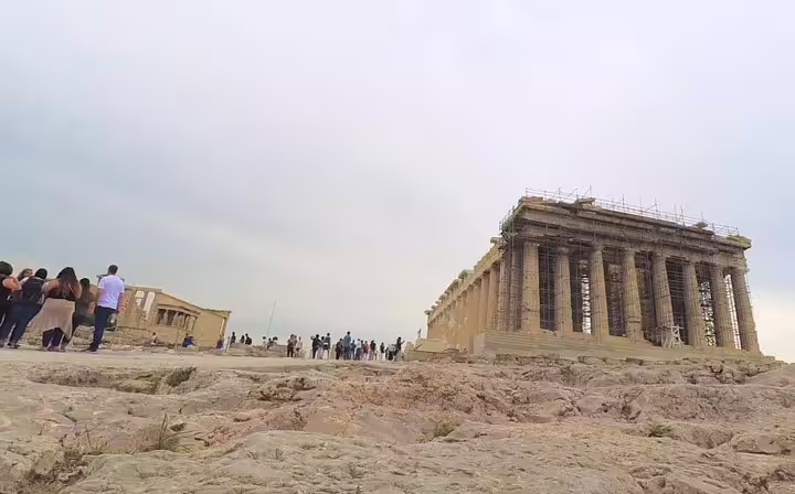 Parthenon on the Acropolis in Athens with visitors, key stop on a private walking tour with Plaka tastings