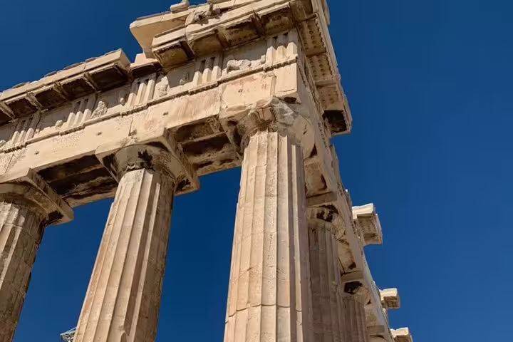 Close-up of Parthenon Doric columns on Athens Acropolis, key stop on small group tour with Acropolis Museum