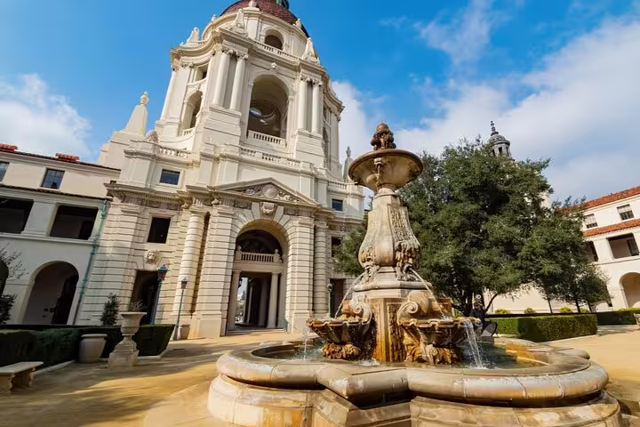 Pasadena City Hall ornate fountain and bell tower on a sunny day
